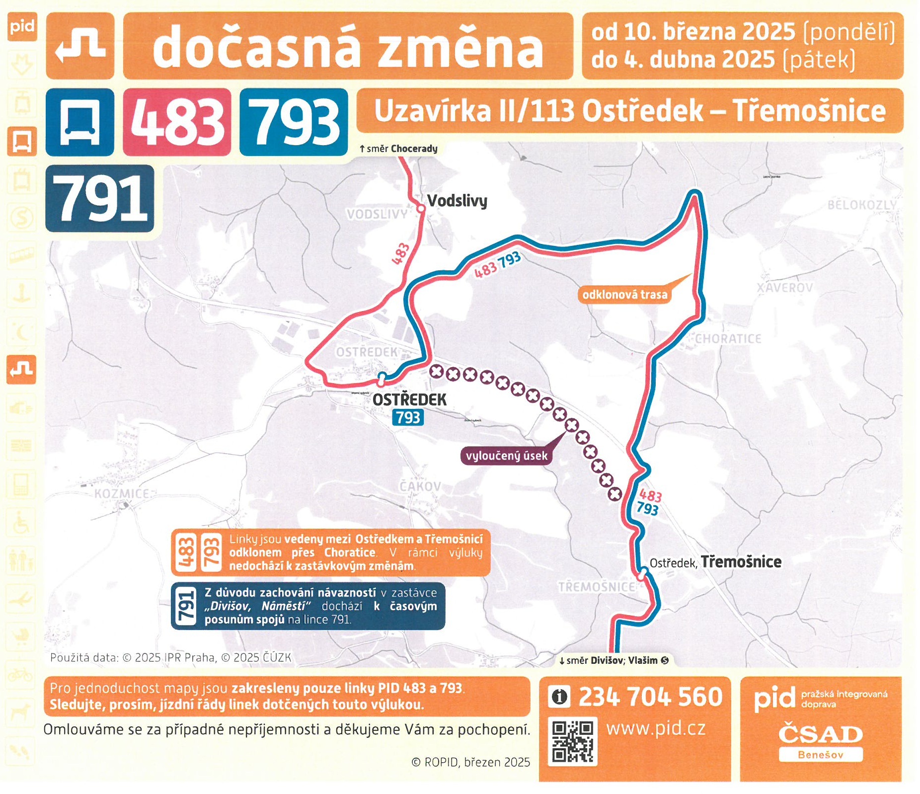 Výlukové jízdní řády linek 483, 790, 791 a 793 v souvislosti s uzavírkou silnice č. II/113