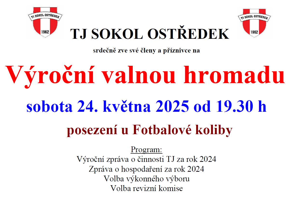 Výroční valná hromada TJ Sokol Ostředek z.s. - 24.května